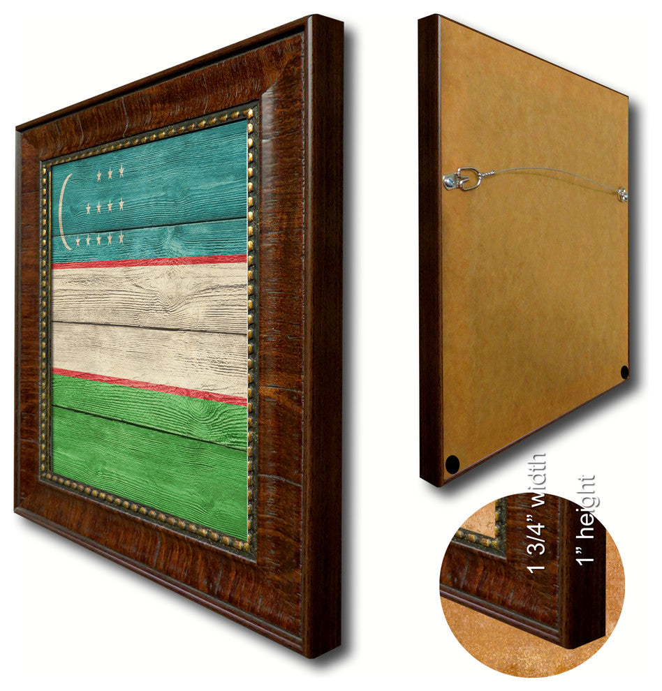 Uzbekistan Country Textured Flag Print With Brown Gold Frame, 15"X21"