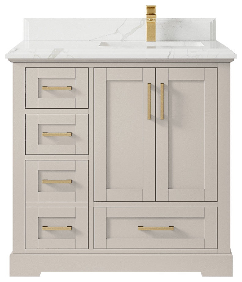 Boston 36" Right Offset Bath Vanity in Fine Grain 1.5" Calacatta Laza