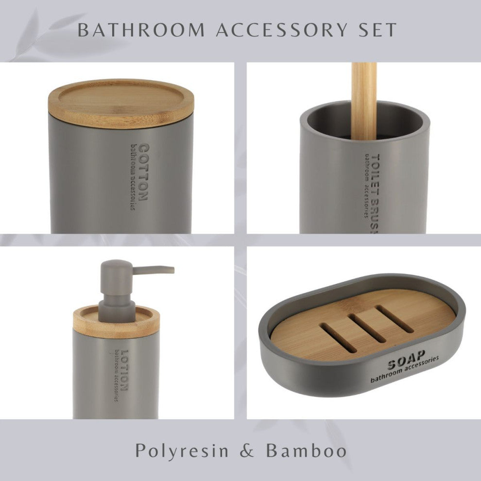 Bathroom Accessories with Natural Accents, Gray, Full Set 5 Pieces
