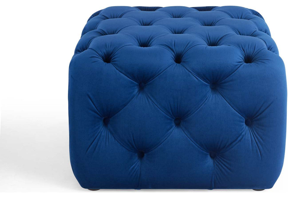 Tufted Accent Chair Ottoman, Square, Velvet, Blue Navy, Modern, Lounge