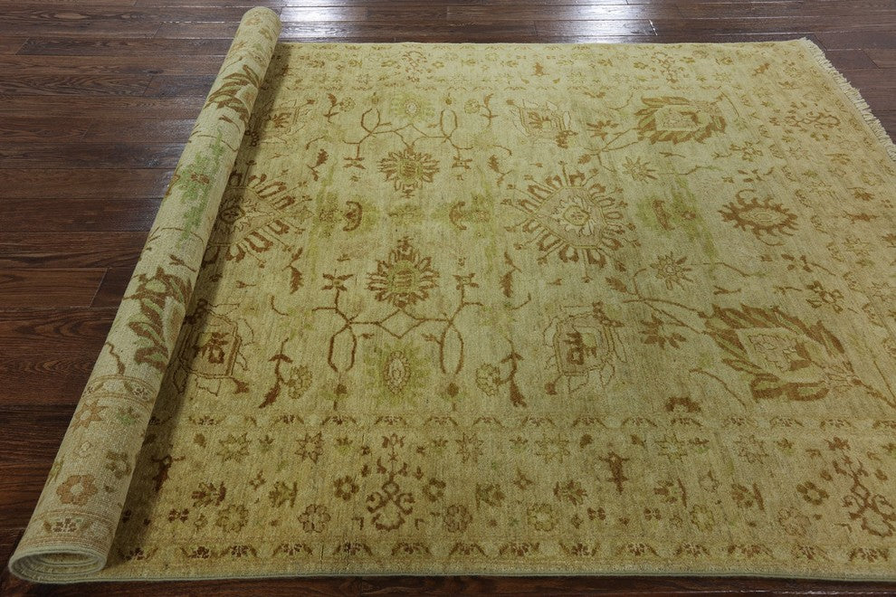 Oushak Ivory Peshawar Quality Chobi Hand-Knotted Wool Rug, 6'x9'