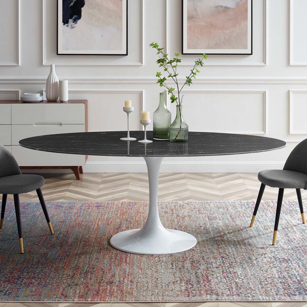 78" Dining Table, Oval, Black White, Artificial Marble, Metal, Modern