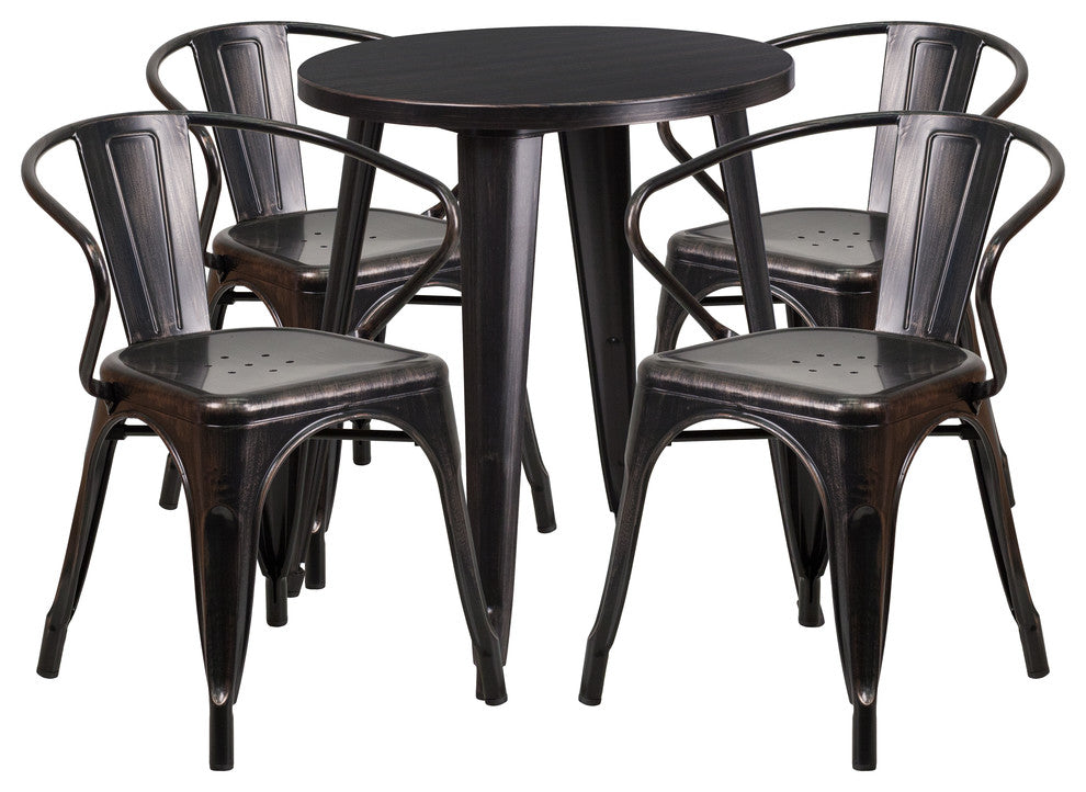 24" Round Black-Antique Gold Metal Indoor-Outdoor Table Set with 4 Arm Chairs