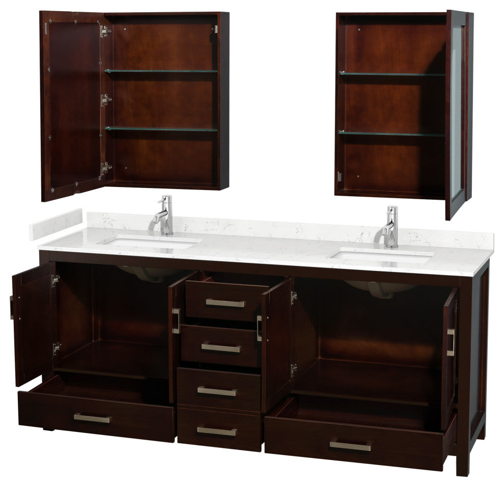 80"DBL Vanity Espresso, Carrara Cult. Marble Countertop, Sinks, Med. Cabinets