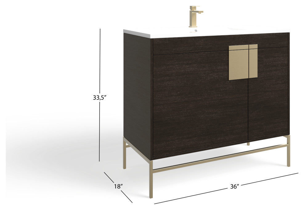 Lockhart Bath Vanity, Black Oak, 36", Satin Brass Hardware, Single Sink, Freestanding