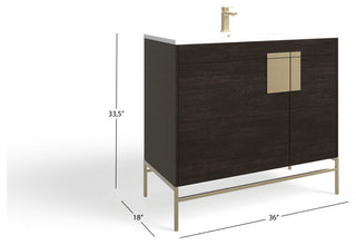 Lockhart Bath Vanity, Black Oak, 36", Satin Brass Hardware, Single Sink, Freestanding