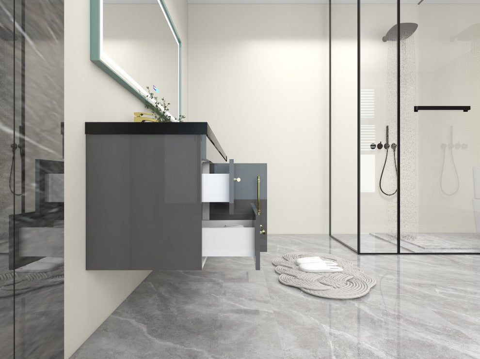 Rosa 72" Wall Mounted Modern Vanity, High Gloss Gray, Matt Black Top