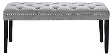 Contemporary Dining Bench, Tapered Legs and Tufted Seat With Nailhead Trim, Gray