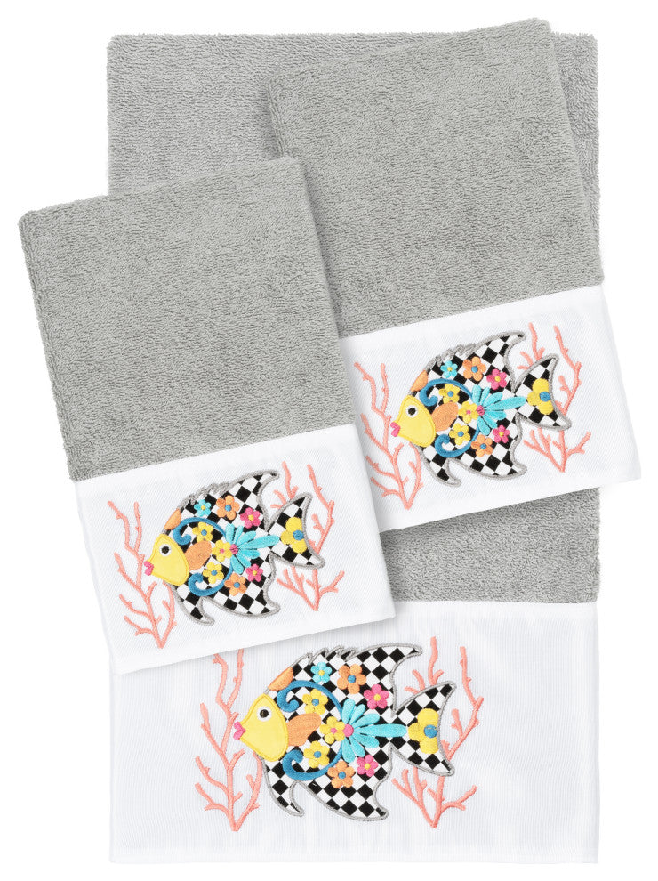 Linum Home Turkish Cotton Feliz 3-Piece Embellished Towel Set, Light Gray