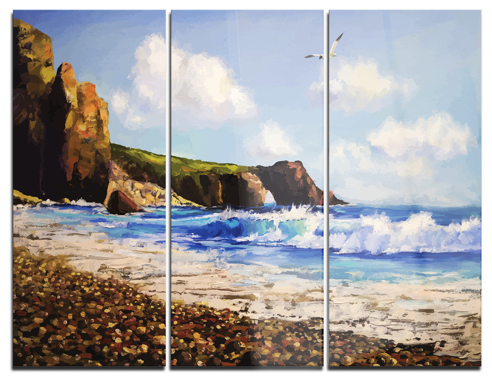 "Sea With Seagull" Glossy Metal Wall Art, 3 Panels, 36"x28"