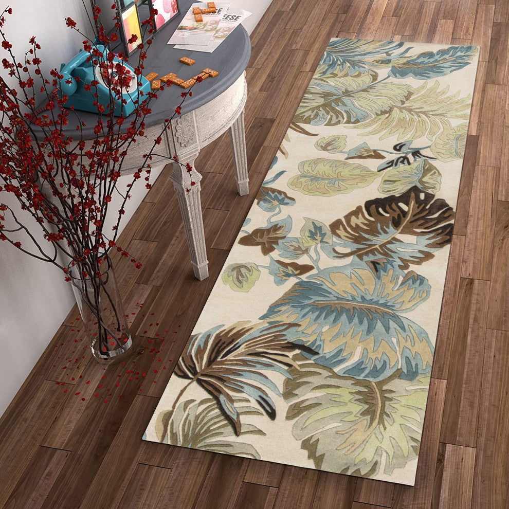 HomeRoots 8' Ivory Blue Hand Tufted Tropical Leaves Indoor Runner Rug