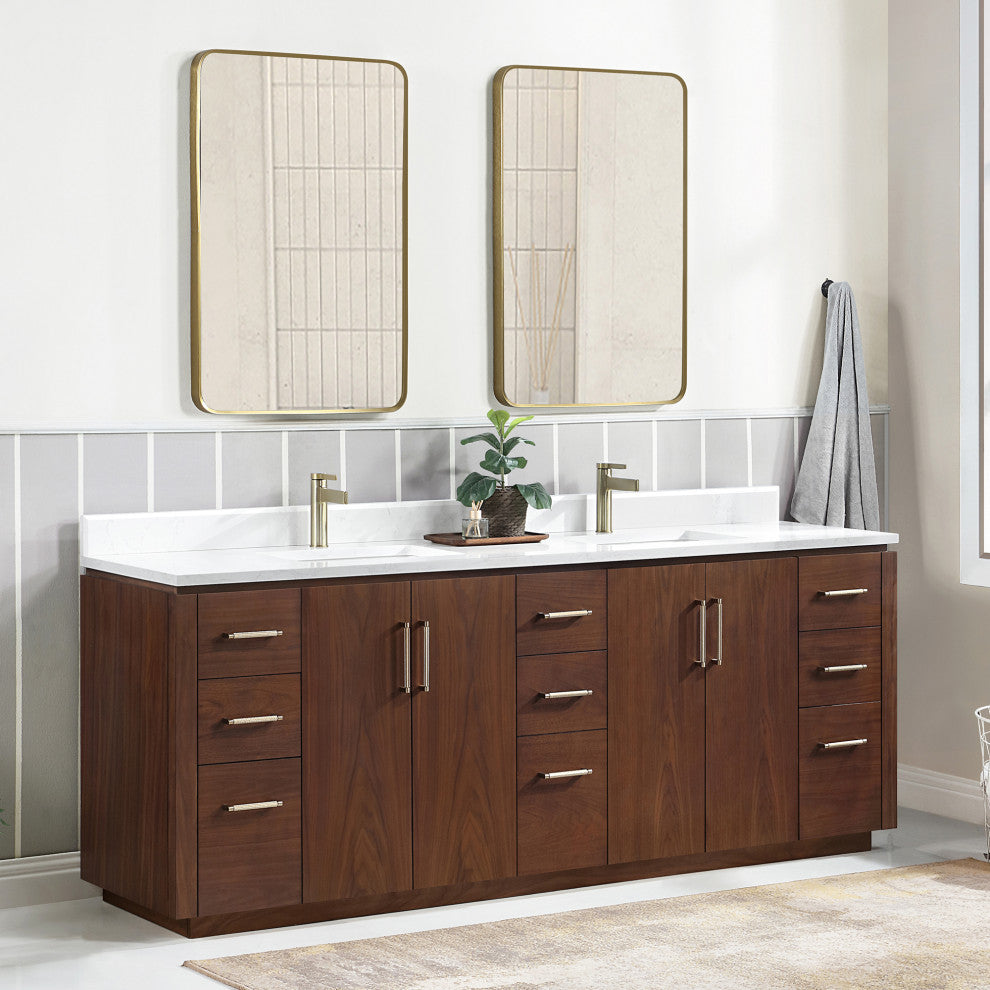 San Bath Vanity with Stone Top, Natural Walnut, 84", Double Vanity, No Mirror