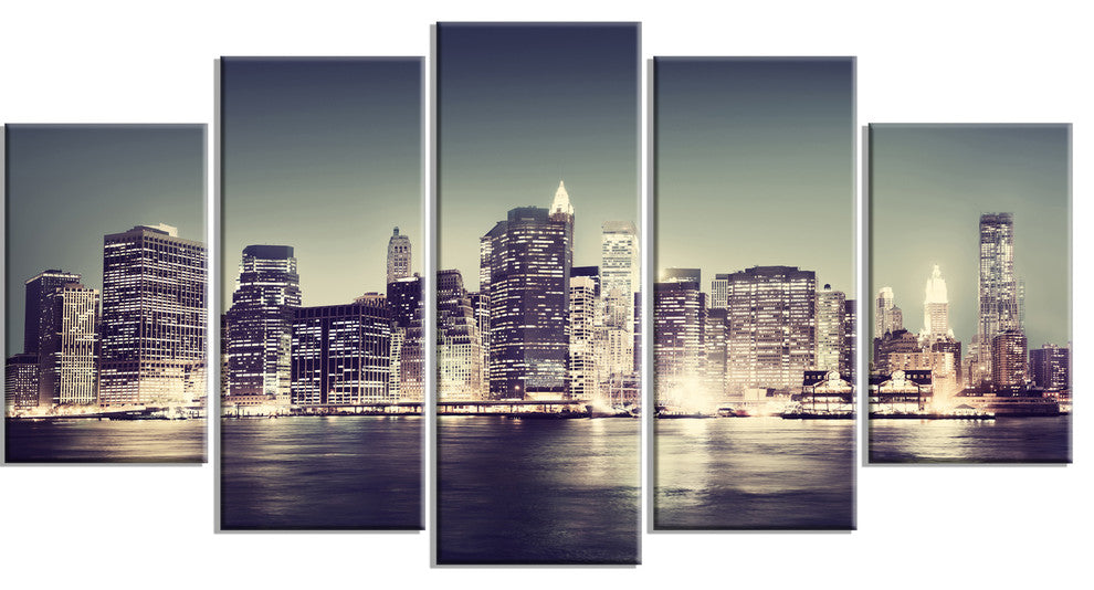 Black and White NYC Night Panorama, White, Canvas Print, 60"x32", 5 Panels