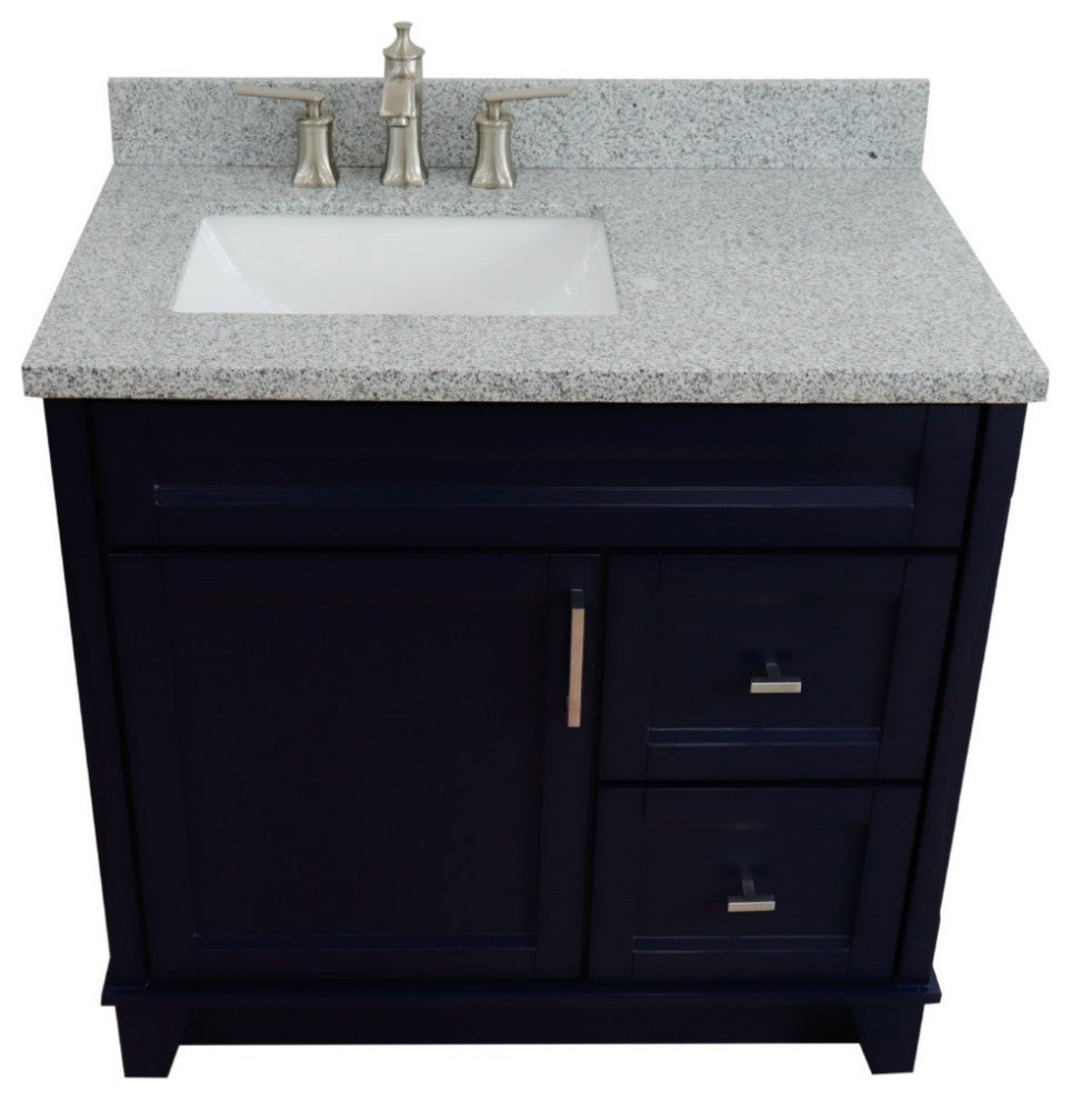 37" Single Sink Vanity, Blue Finish With Gray Granite And Left Door/Left Sink