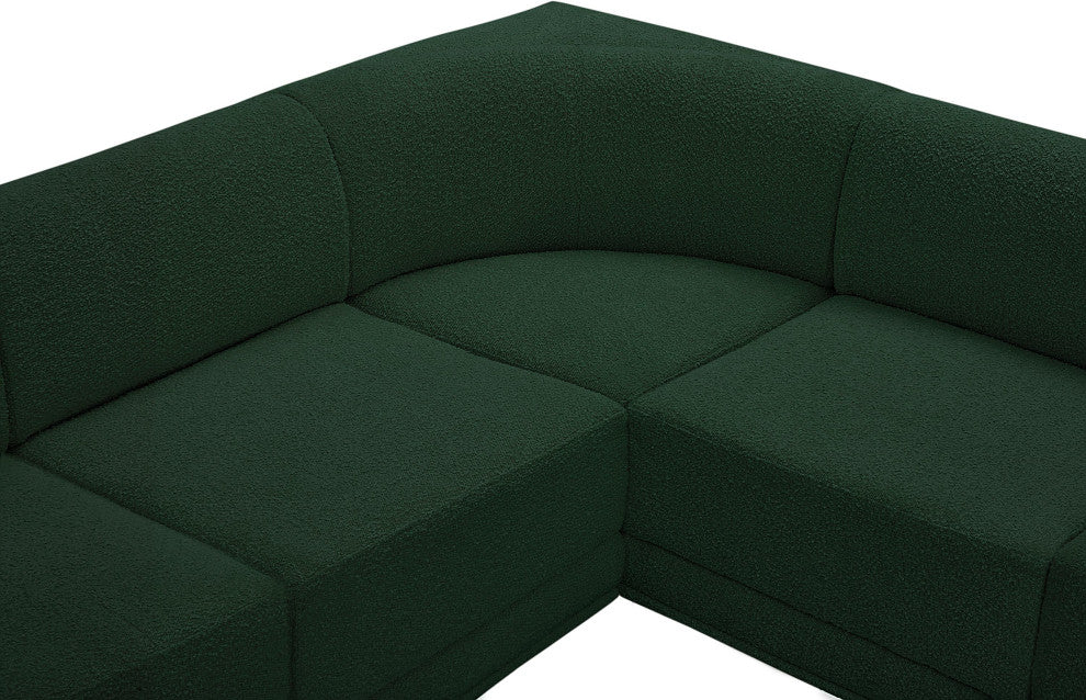 Ollie Black Boucle Fabric L-Shaped Modular Sectional, Green, 5-Piece: 4 Armless Chair, 1 Corner Chair
