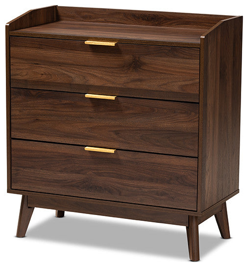 Baxton Studio Lena Mid-Century Modern Walnut Browned 3-Drawer Wood Chest