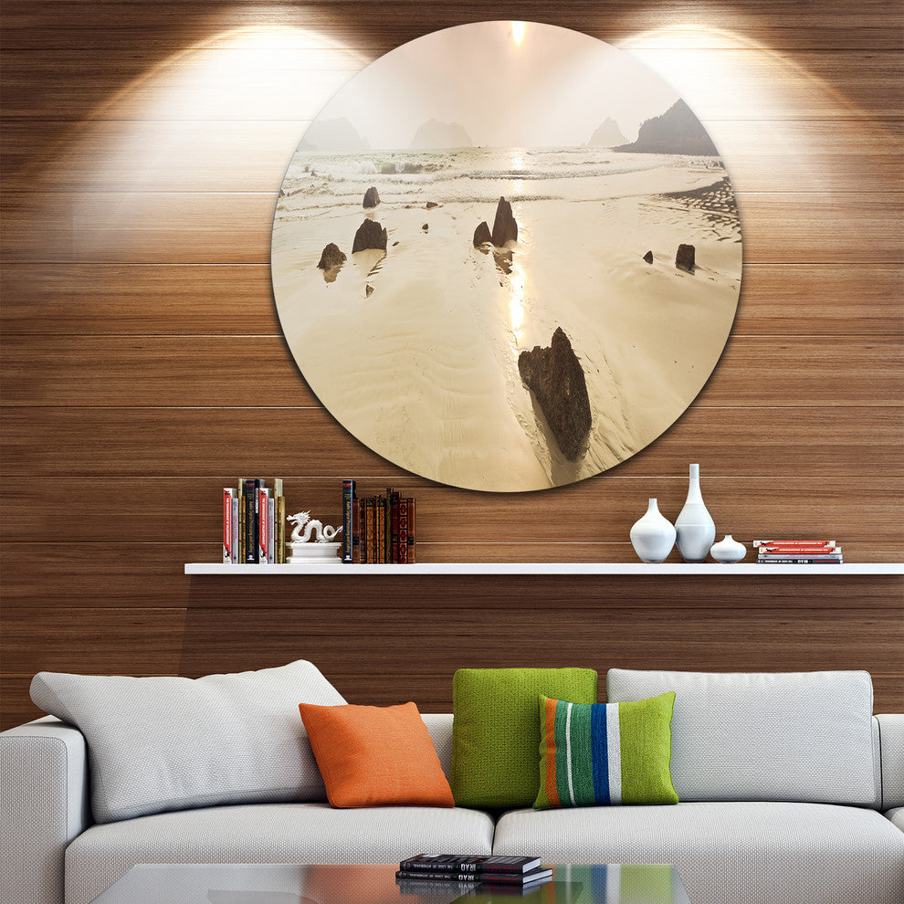 Sunrise Over Rocky Sea Panorama, Modern Seashore Round Wall Art, 38"