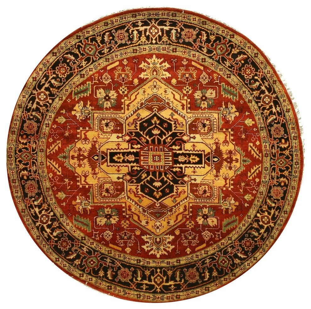 EORC Hand-knotted Wool Rust Traditional Geometric Serapi Rug, Round 8'x8'