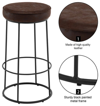 Set of 2 Round Circular Base Leathaire Bar Stools, Dark Brown
