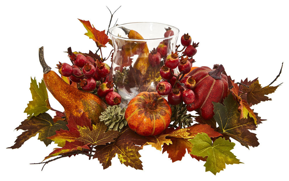 Pumpkin, Gourd, Berry and Maple Leaf Artificial Arrangement Candelabrum