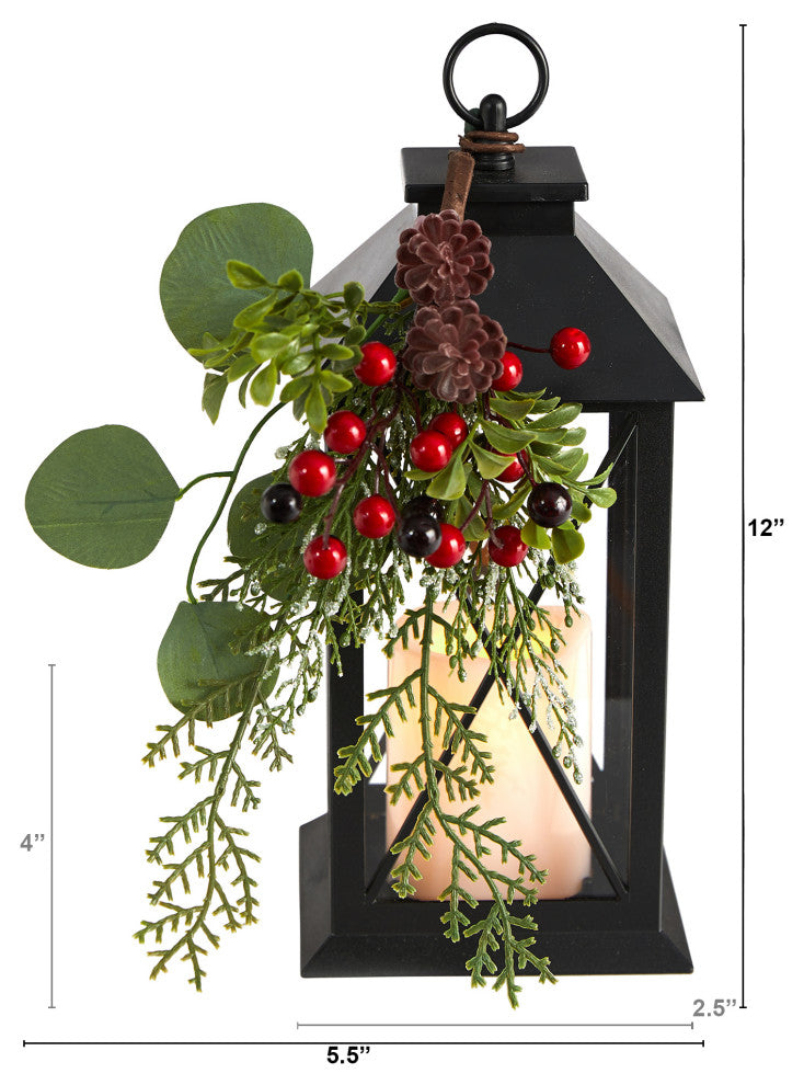 12" Holiday Metal Lantern Artificial Table Christmas Arrangement With LED Candle