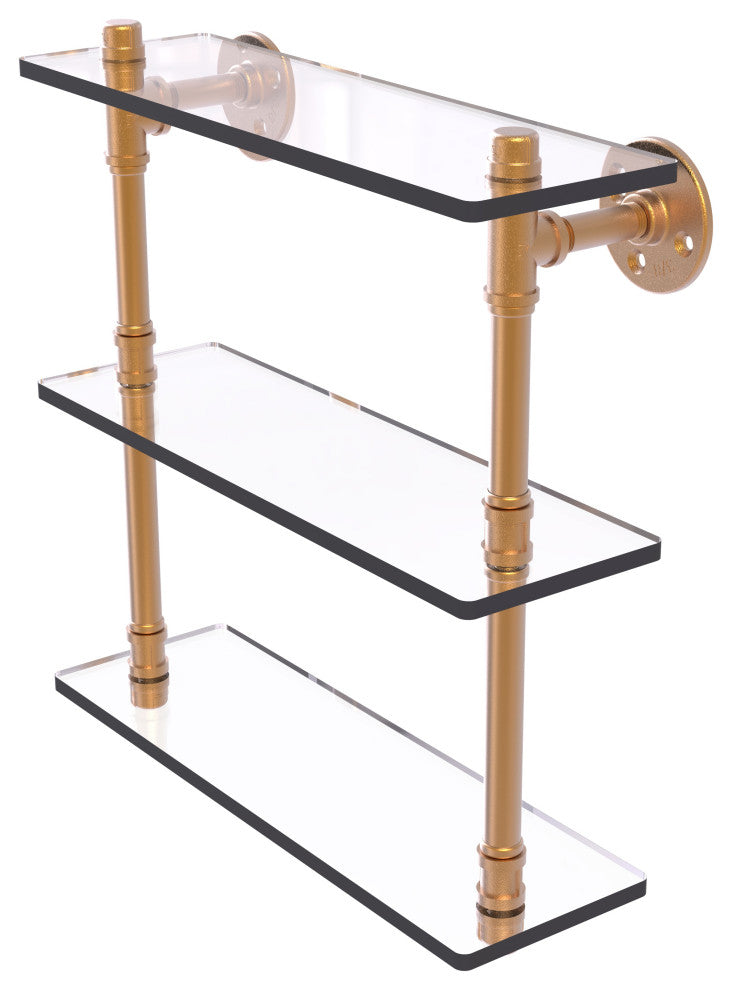 Pipeline Triple Glass Shelf, Brushed Bronze, 16"