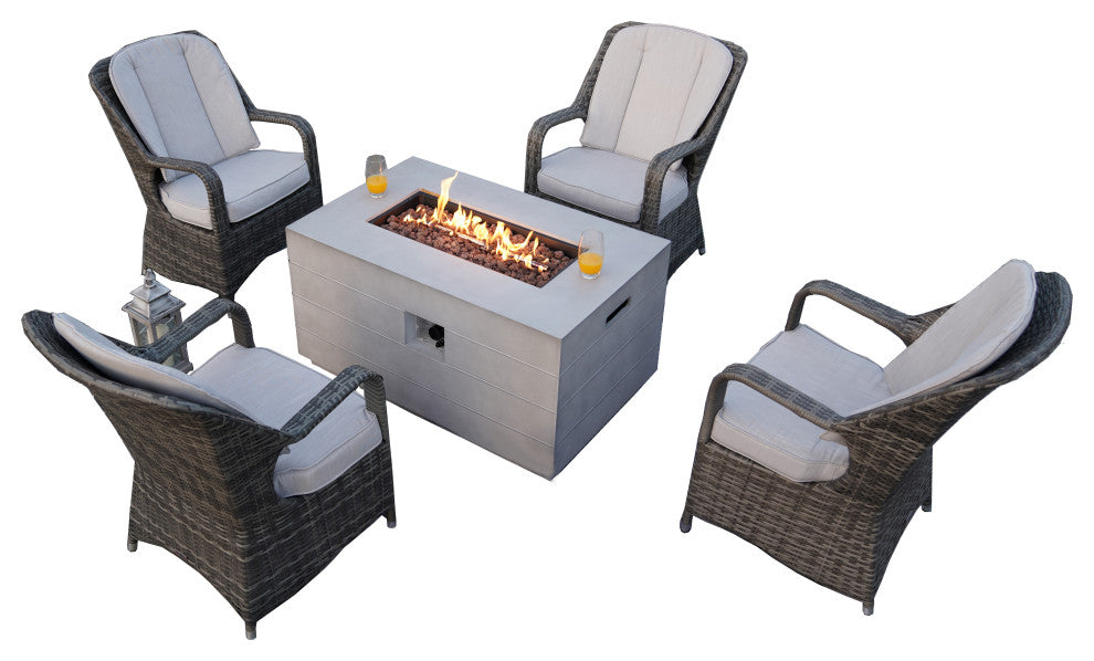 Patio Propane Fire Pit Table with Cushioned Wicker Chairs, Rectangle