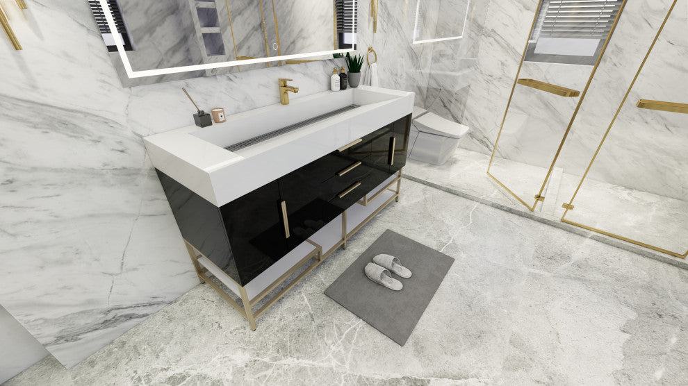 Madison 60" Free Standing Single Sink Vanity with Reinforced Acrylic Sink, High Gloss Black