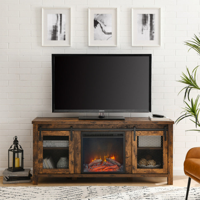 Farmhouse fireplace tv stand 65 inch rustic Cabinet Door with wood 4 Storage She