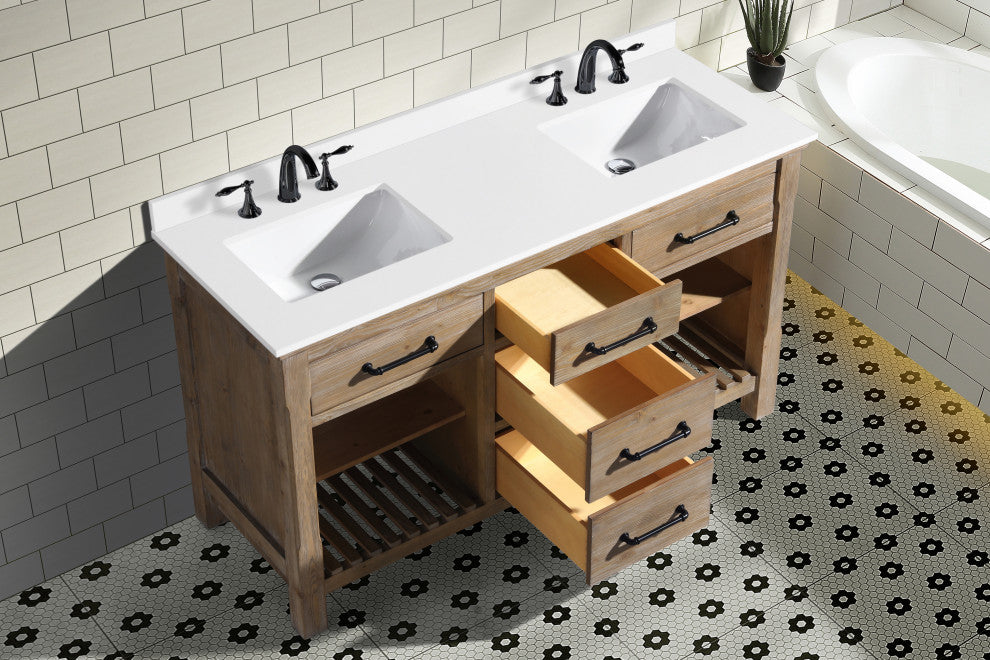 Lauren 60" Bathroom Vanity, Weathered Fir Finish, White Engineered Stone Counter