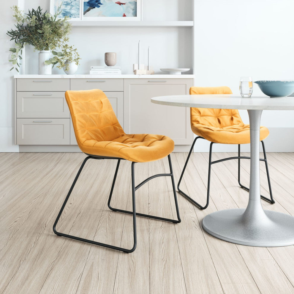Dining Chair, Set of 2, Steel Metal, Fabric, Yellow, Black, Kitchen Cafe Bistro