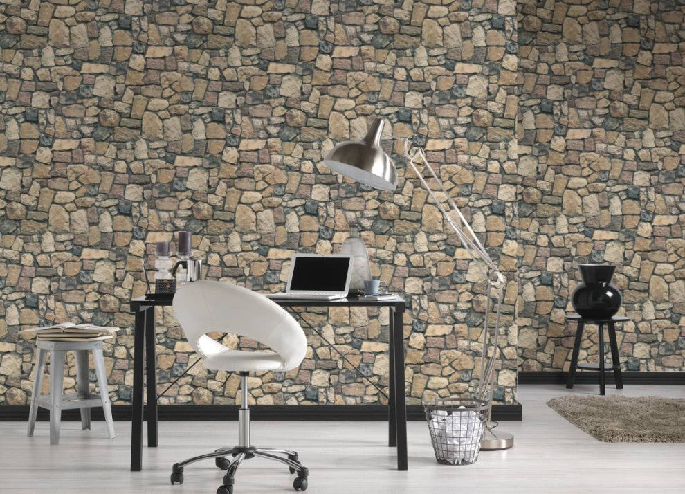 Faux Textured Wallpaper Stones, Brown Orange Gray, One Roll