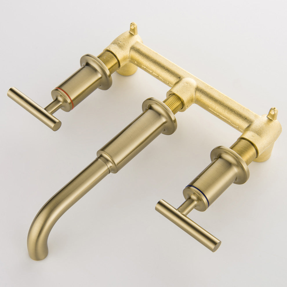 Luxury Dual Handle Wall Mounted Bathroom Faucet, Brushed Gold