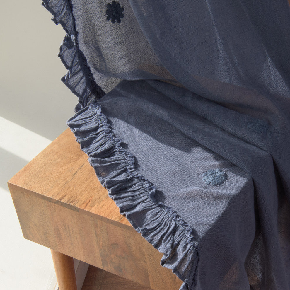 Sheer Side Ruffle French Linen Curtain, Indigo