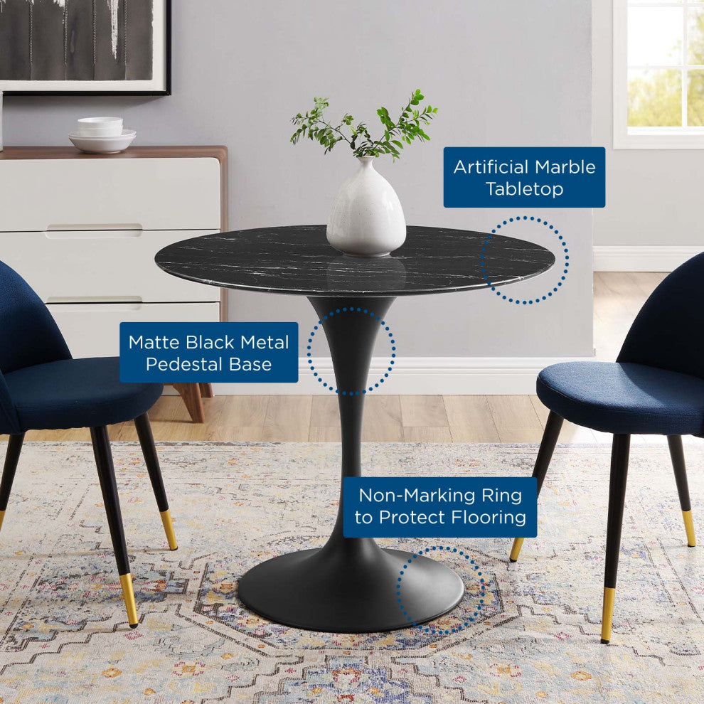 Dining Table, Round, Artificial Marble, Metal, Black, Modern, Bistro Restaurant