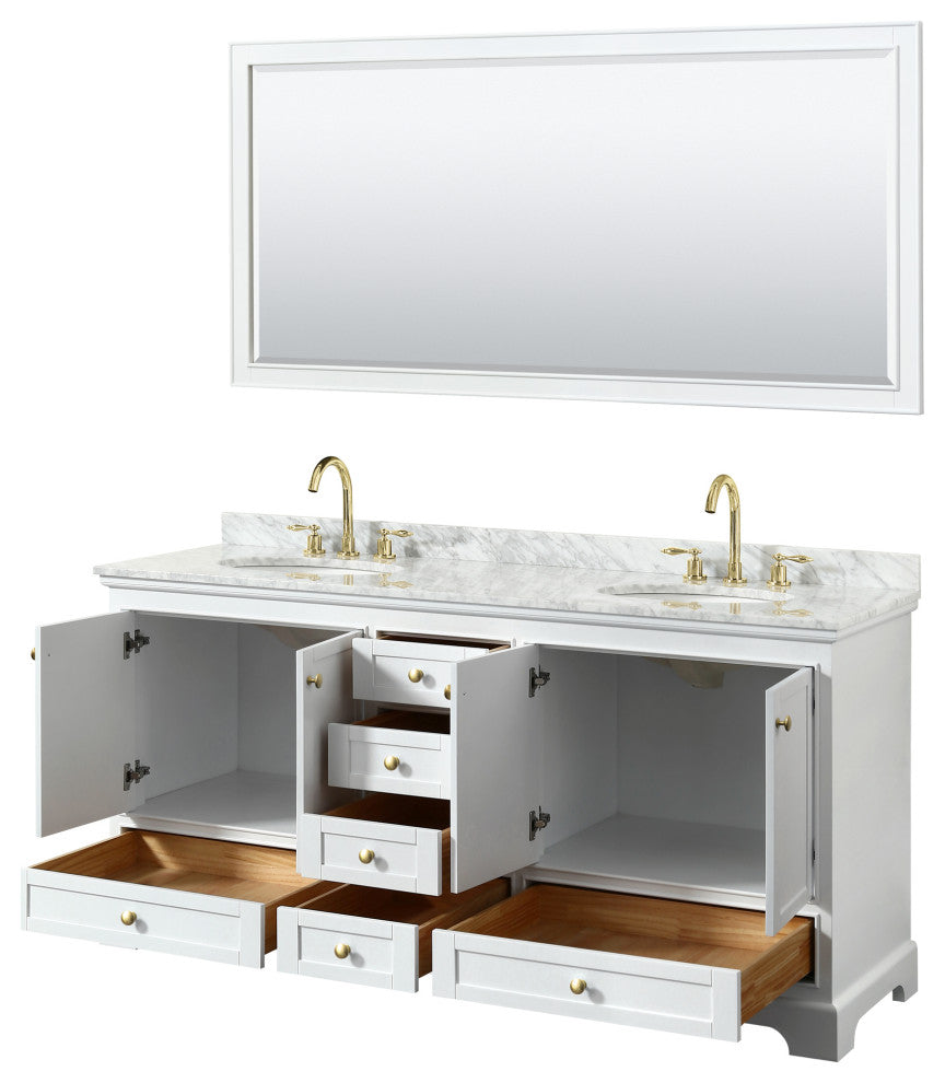 72"DBL Bath Vanity White, Carrara Countertop, Sinks, Gold Trim, 70" Mirror