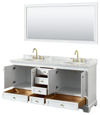 72"DBL Bath Vanity White, Carrara Countertop, Sinks, Gold Trim, 70" Mirror