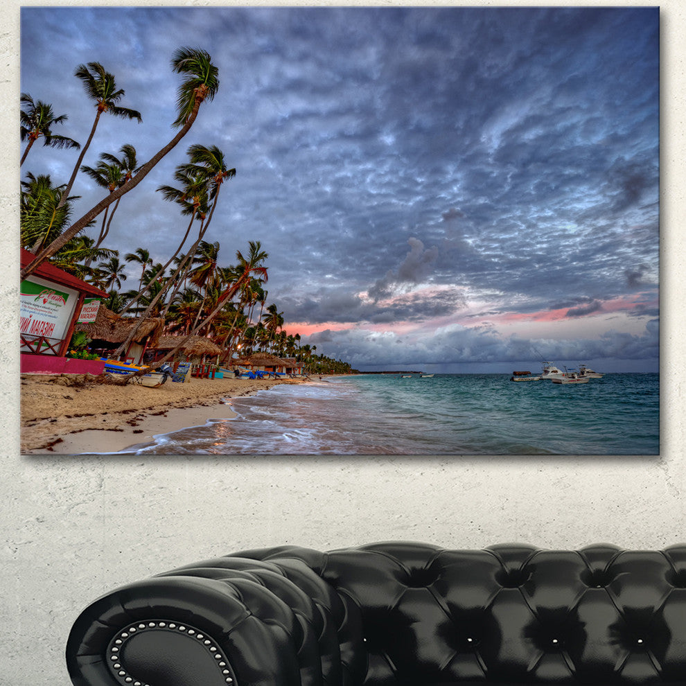 Long Palm Trees Bent to Beach, Seashore Canvas Art Print, 60"x28"