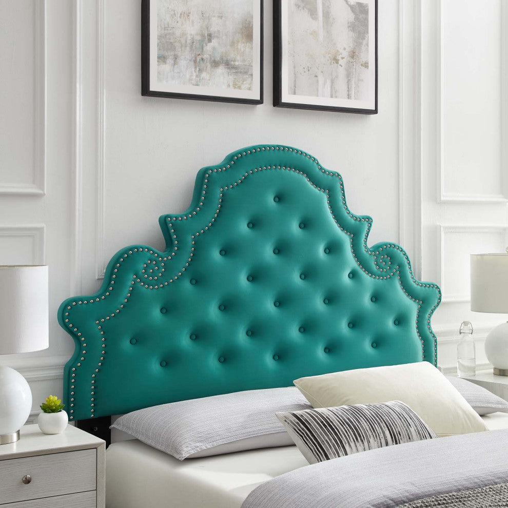 Tufted Headboard, Full Queen Size, Velvet, Teal Blue, Modern Contemporary