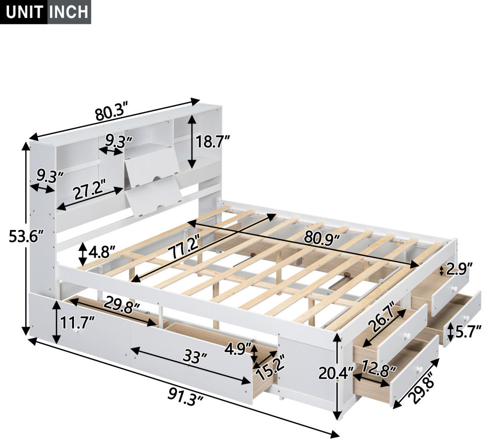 Gewnee King Size Platform Bed with Storage Headboard and 8 Drawers