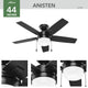 Hunter 44" Anisten Matte Black Ceiling Fan, LED Kit, Pull Chain