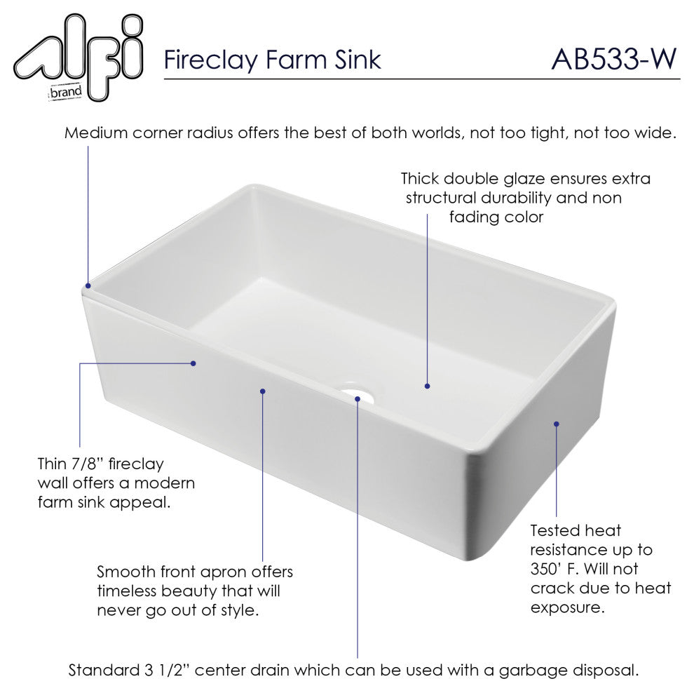 Alfi Brand 33" White Smooth Single Bowl Fireclay Farm Sink