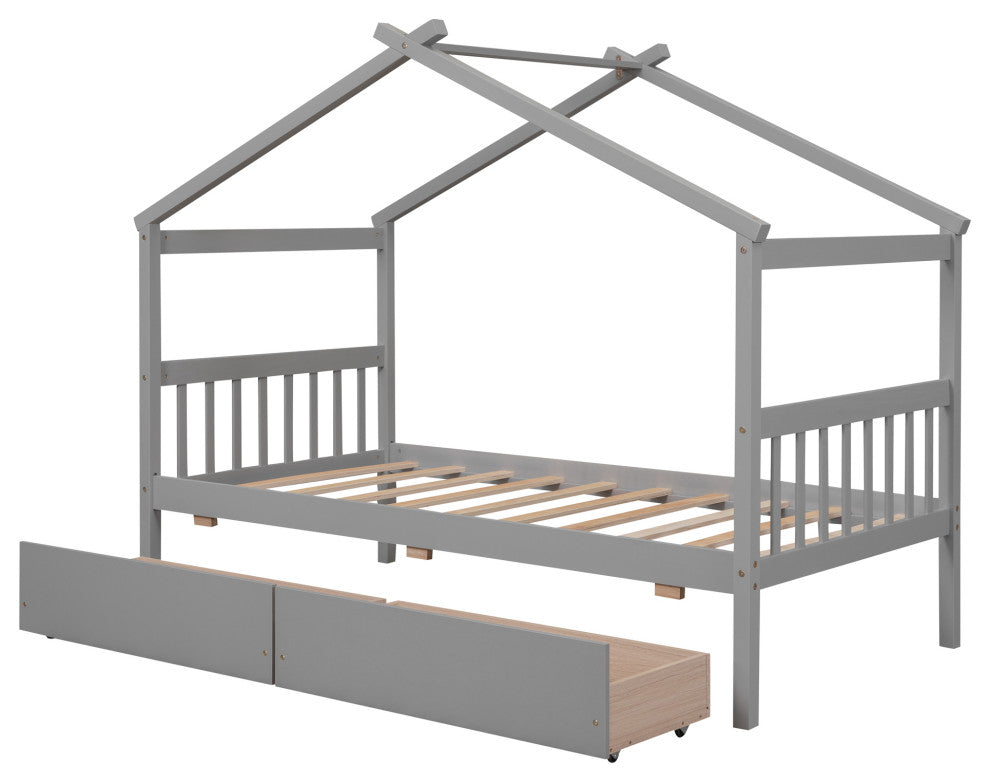 Gewnee Twin Size Wooden House Bed with Drawers, Gray