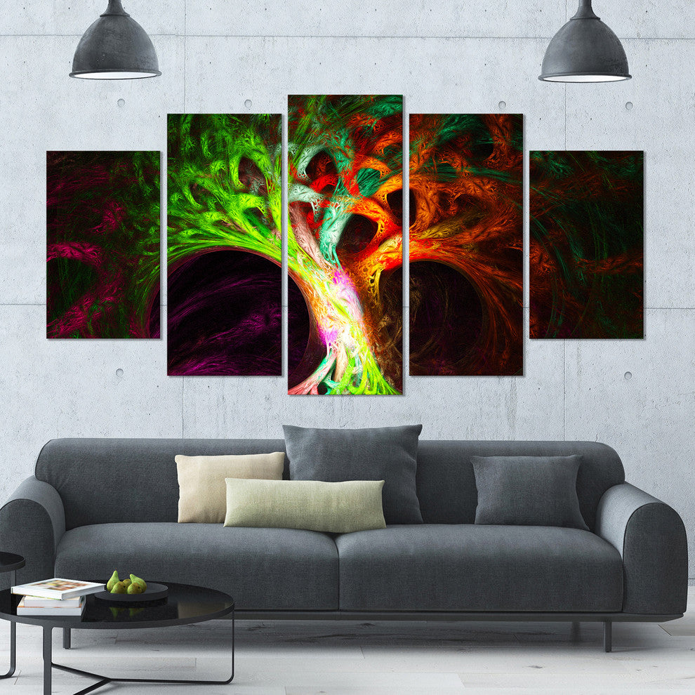 Magical Green Psychedelic Tree, Contemporary Art on Canvas, 60"x32", 5 Panels