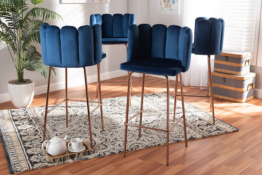 Navy Blue Velvet Fabric Upholstered and Rose Gold 4-Piece Bar Stool Set