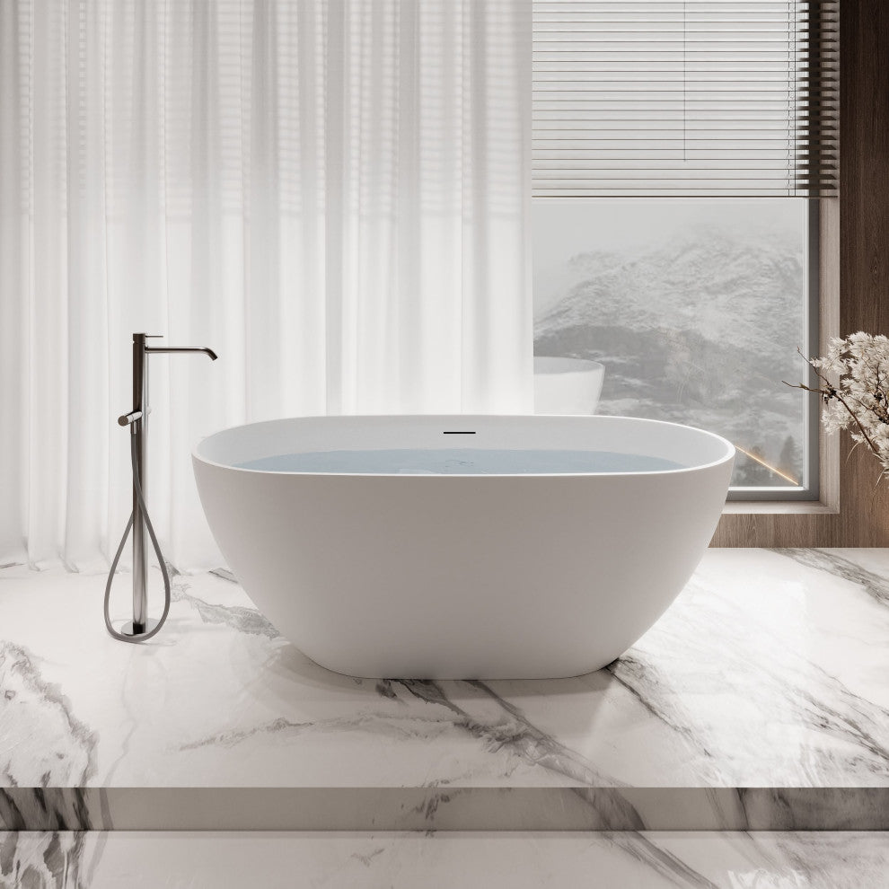 59" Streamline NS5860CH Matte White Stone Resin Bathtub, Tray With Chrome Drain