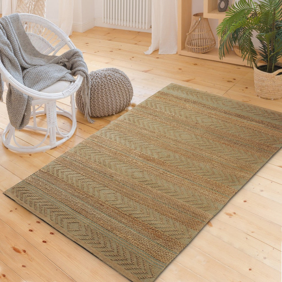 5" x 8" Seafoam and Tan Bohemian Striped Area Rug