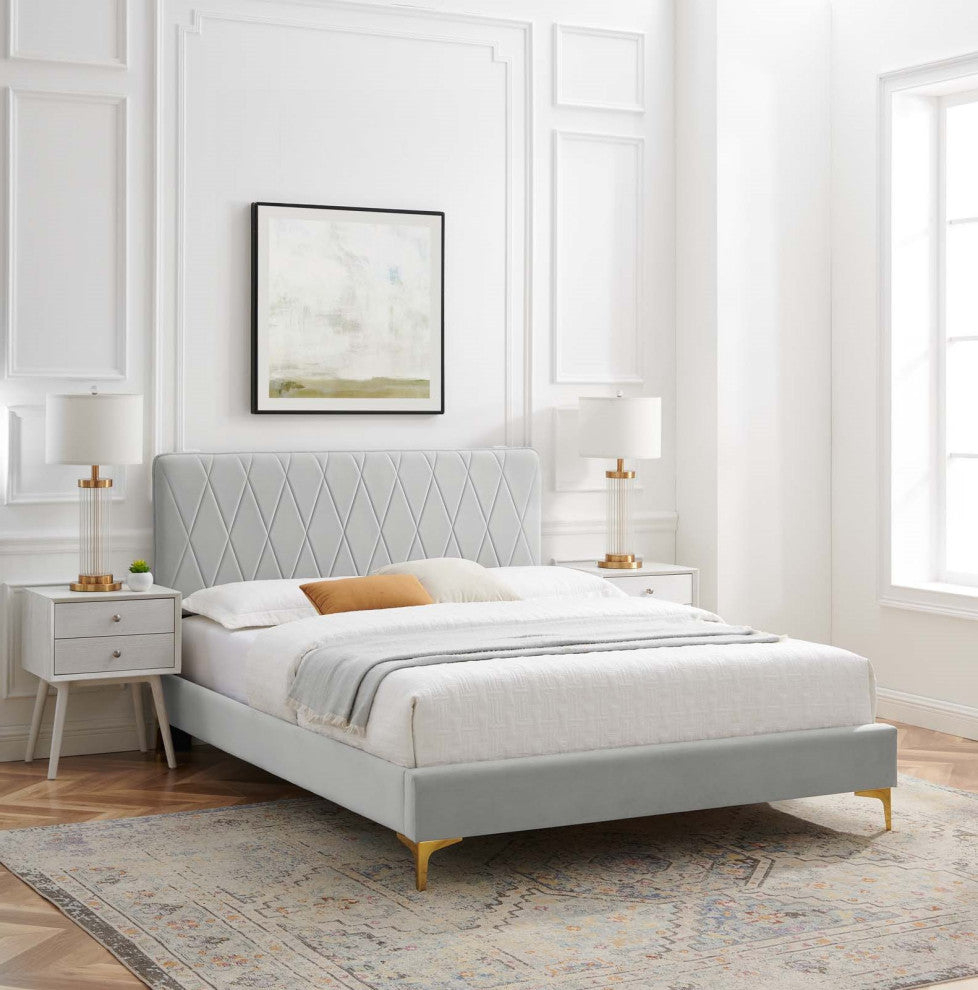 Platform Bed Frame, King Size, Velvet, Light Gray, Modern Contemporary