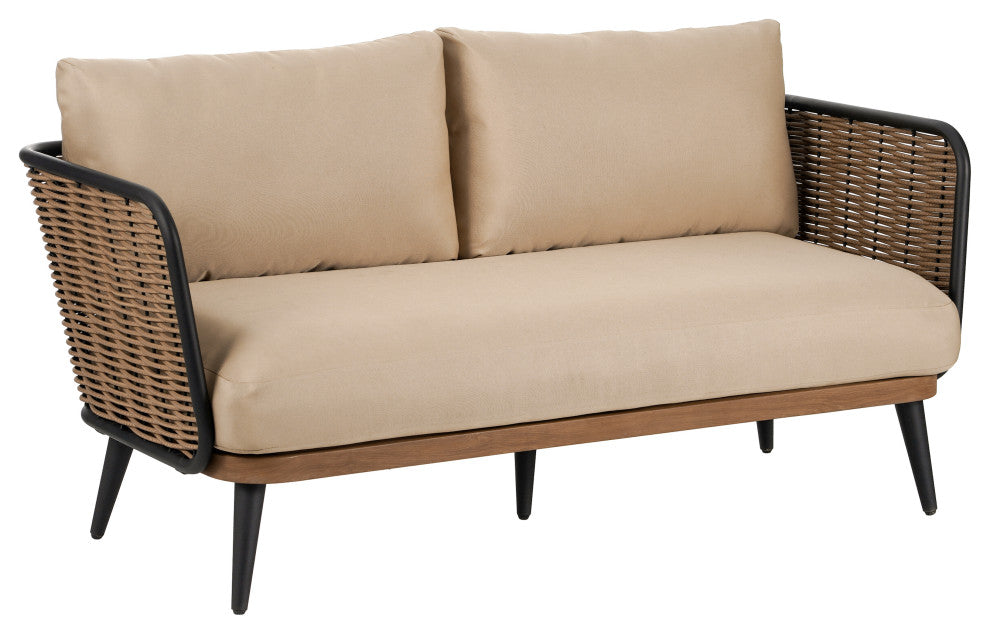 GDF Studio Outdoor Wicker Loveseat With Water-Resistant Cushions, Brown/Beige
