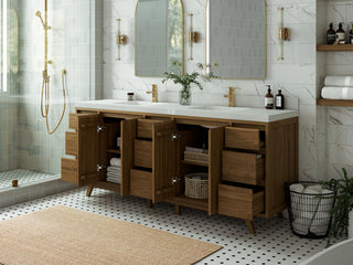 Madison Teak 84 Double Sink Bath Vanity in Dark Natural 2" Carrara Quartz